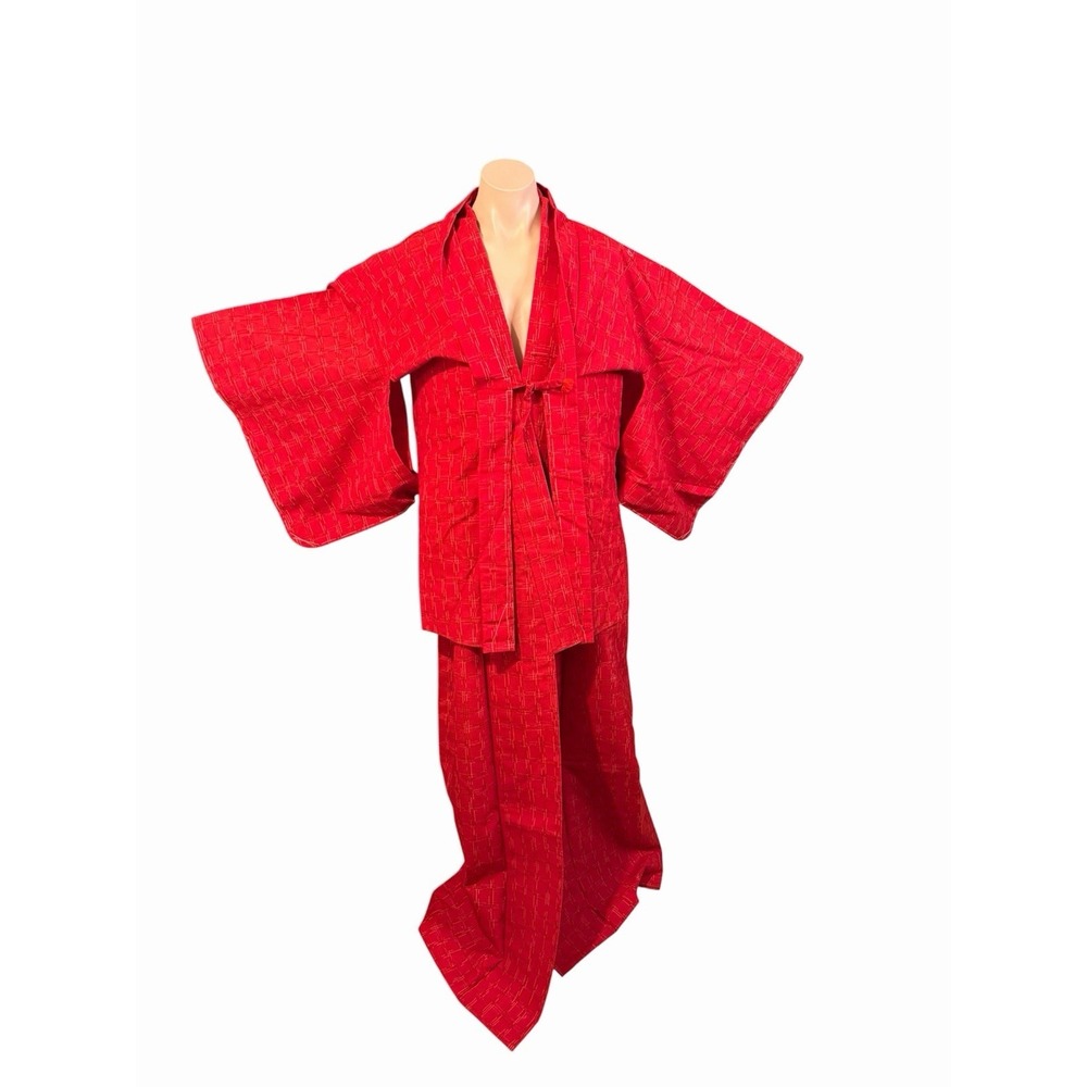 1960s 1970s Kimonos-Haori Ensemble RED Plaid Japanese Hand Made 2 Robes